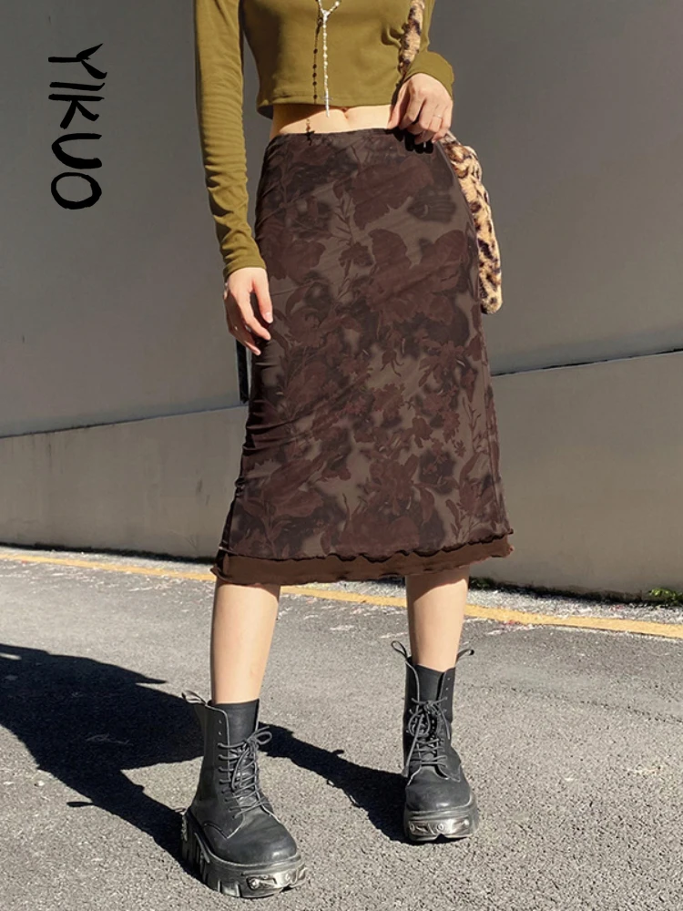 

YIKUO Fairy Grunge Aesthetics Brown Mesh Midi Skirts Y2K Streetwear Low Waist Printing A-line Skirt Elfcore Outfits Retro Fall