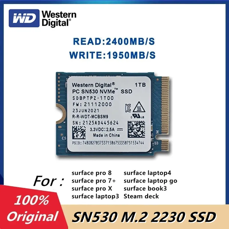 

10pcs WD SN530 M.2 2230 SSD 1TB NVMe PCIe Gen3 x4 for Microsoft Surface Pro X Laptop 3 Steam Deck Original