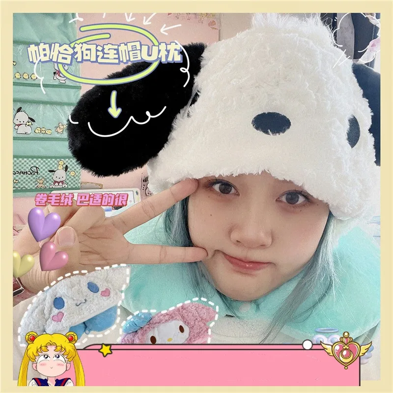 

Kawaii Sanriod Anime Hobby My Melody Cinnamoroll Pochacco Plush U Pillow Travel Nap Cervical Pillow Car Warm Hooded Pillow