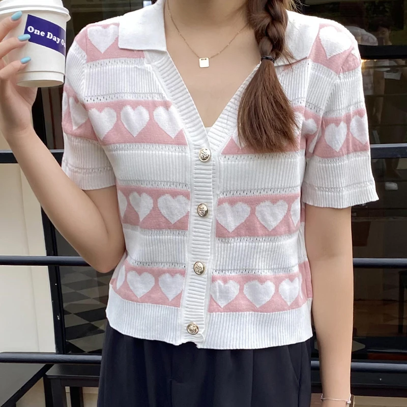 

Striped Crop Top Knitted Womens Sweaters Single Breasted Cardigan Women Short Sleeve Slim Summer Tops Thin Female Cute Clothes