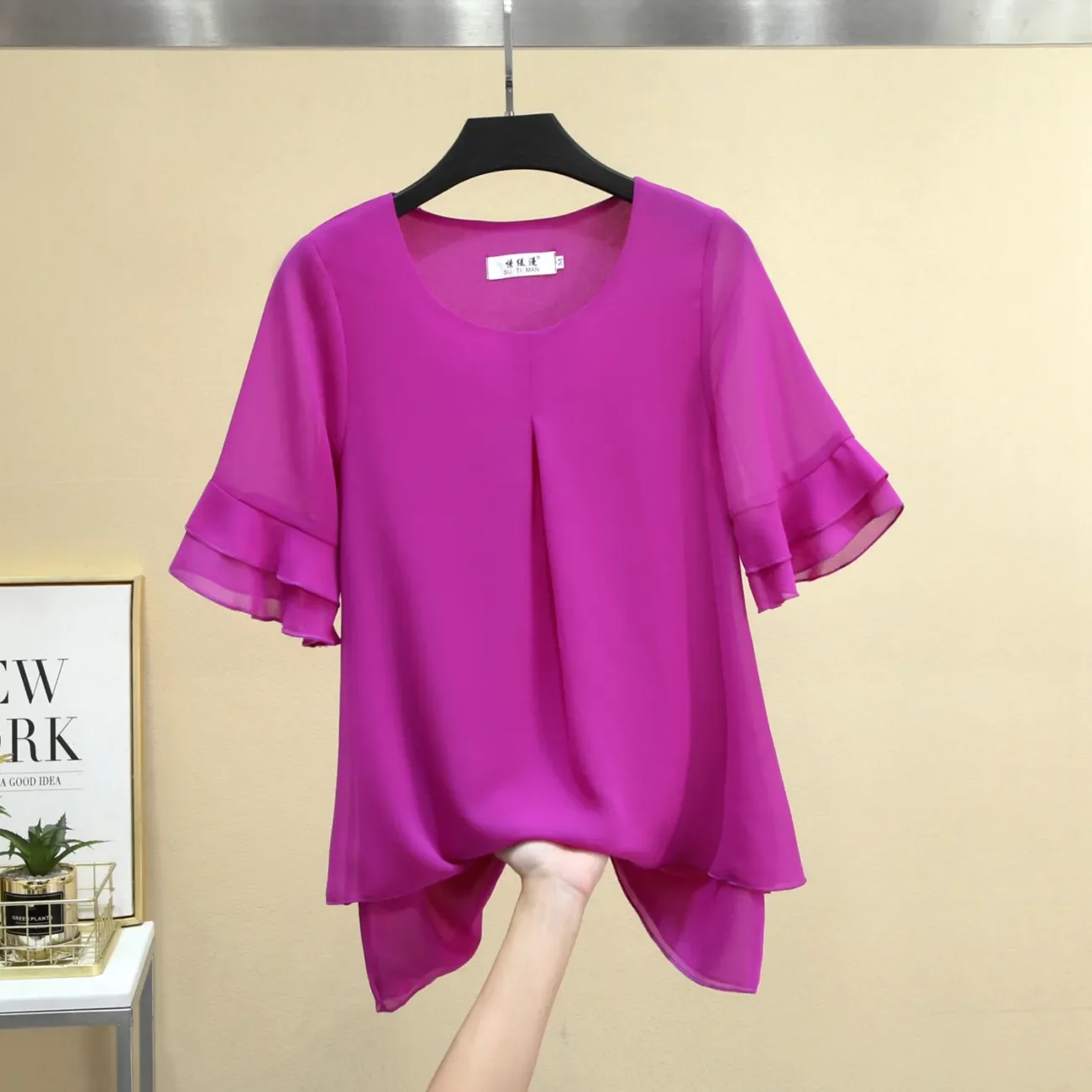 

2023 Spring/summer New Ocean Style Niche Design Short-sleeved Blouse Large Size Thin Mid-sleeved Chiffon Shirt for Ladies Tops