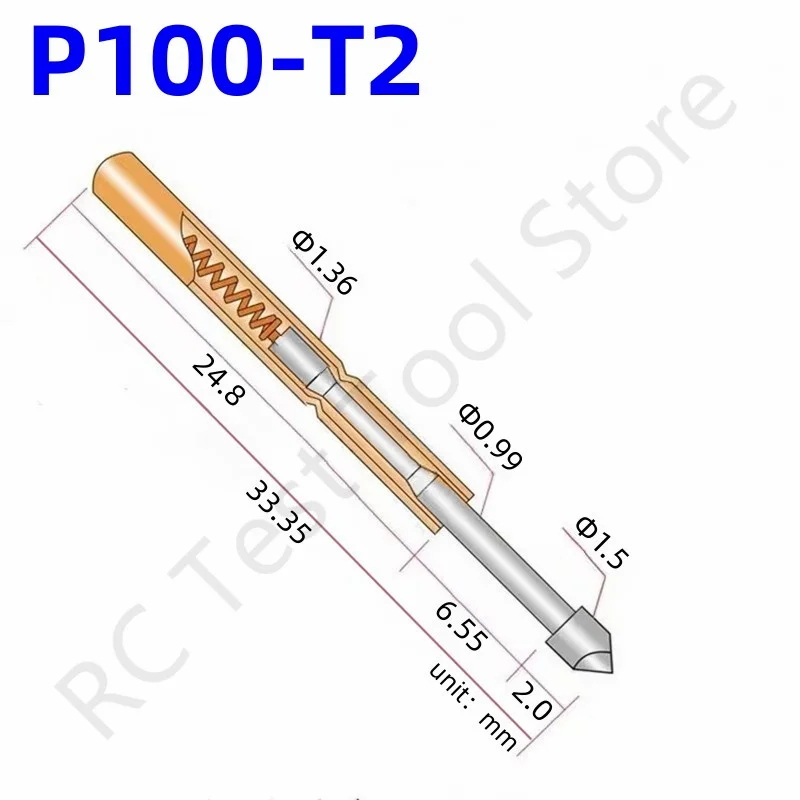 

100PCS P100-T2 Spring Test Probe Test Pin Pogo Pin Nickel Plated Pin Dia1.36mm Length 33.35mm P100-T Test Head Dia1.5mm PCB Tool