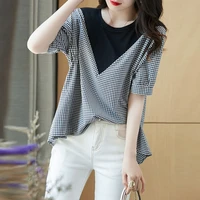 fashion printed spliced oversized irregular plaid blouse 2022 summer new casual tops loose asymmetrical commute womens shirt