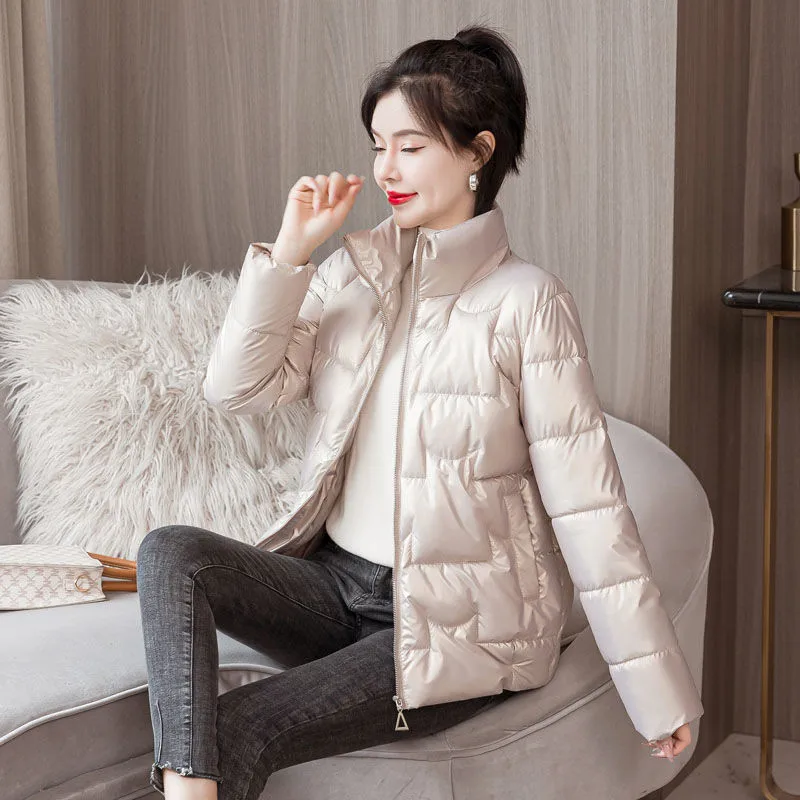 Winter Warm Thick Stand Up Down Coats Women Black White Short Down Jacket Elegant Long Sleeves Zipper Clothes Outwear Female