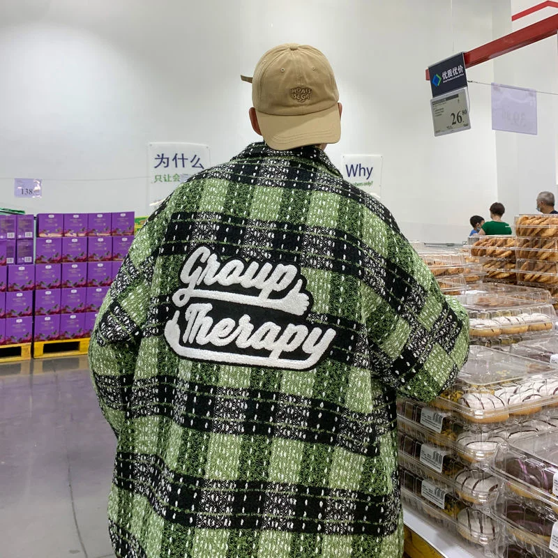 

Privathinker Woollen Coat Men Loose Lattice Turn Down Collar Windbreaker Letter Fashion Hip Hop Male Jackets Autumn Clothes