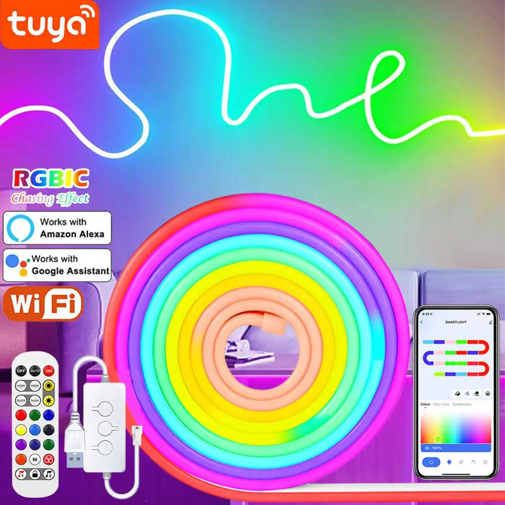 TUYA RGBIC Неоновая лента WIFI DC5V USB 16 цветов DIY Водонепроницаемые гибкие фонари для ТВ
