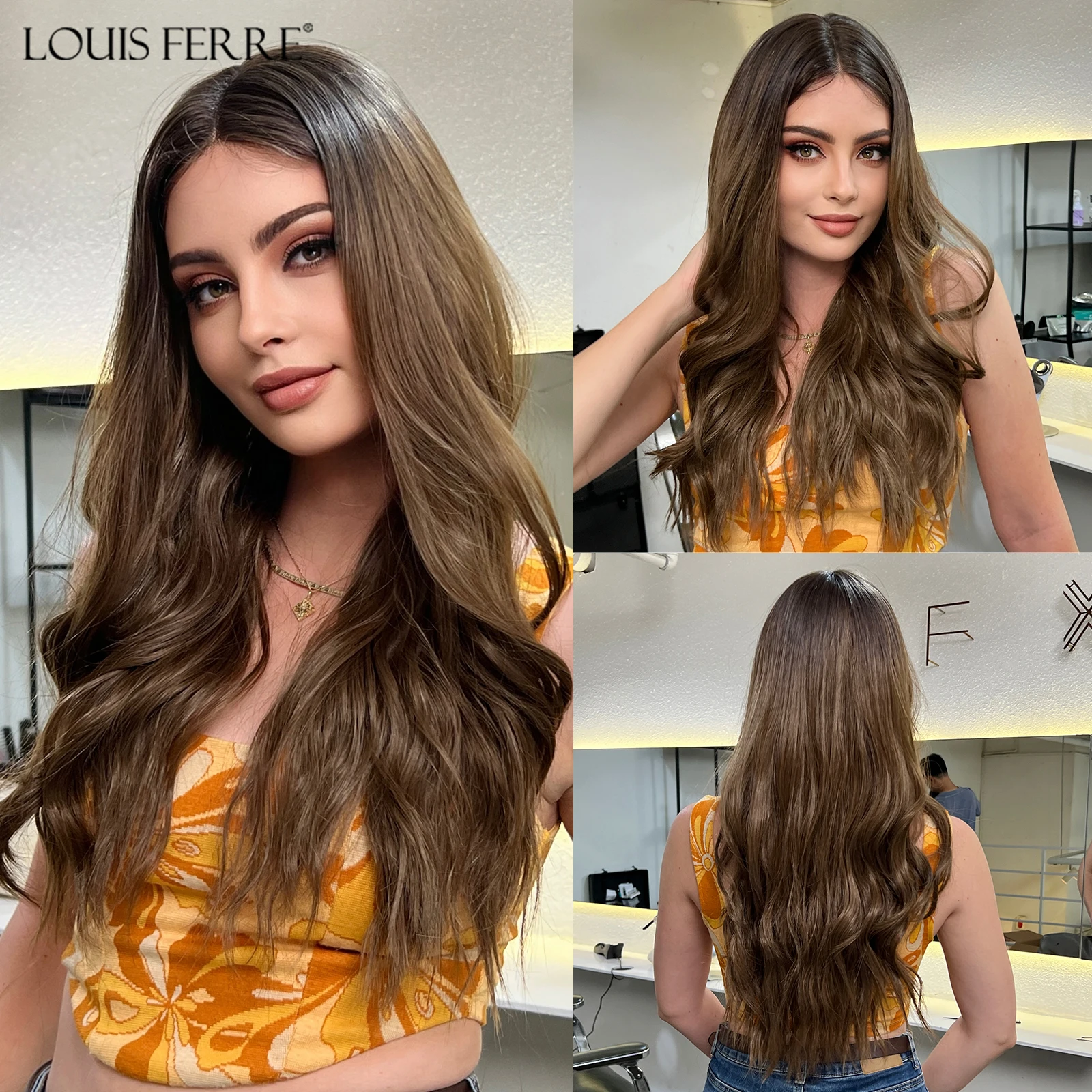 

LOUIS FERRE Long Brown Body Wave Lace Front Wig Middle Parted Brown Lace Synthetic Wig Natural Hairline Baby Hair Wig for Women