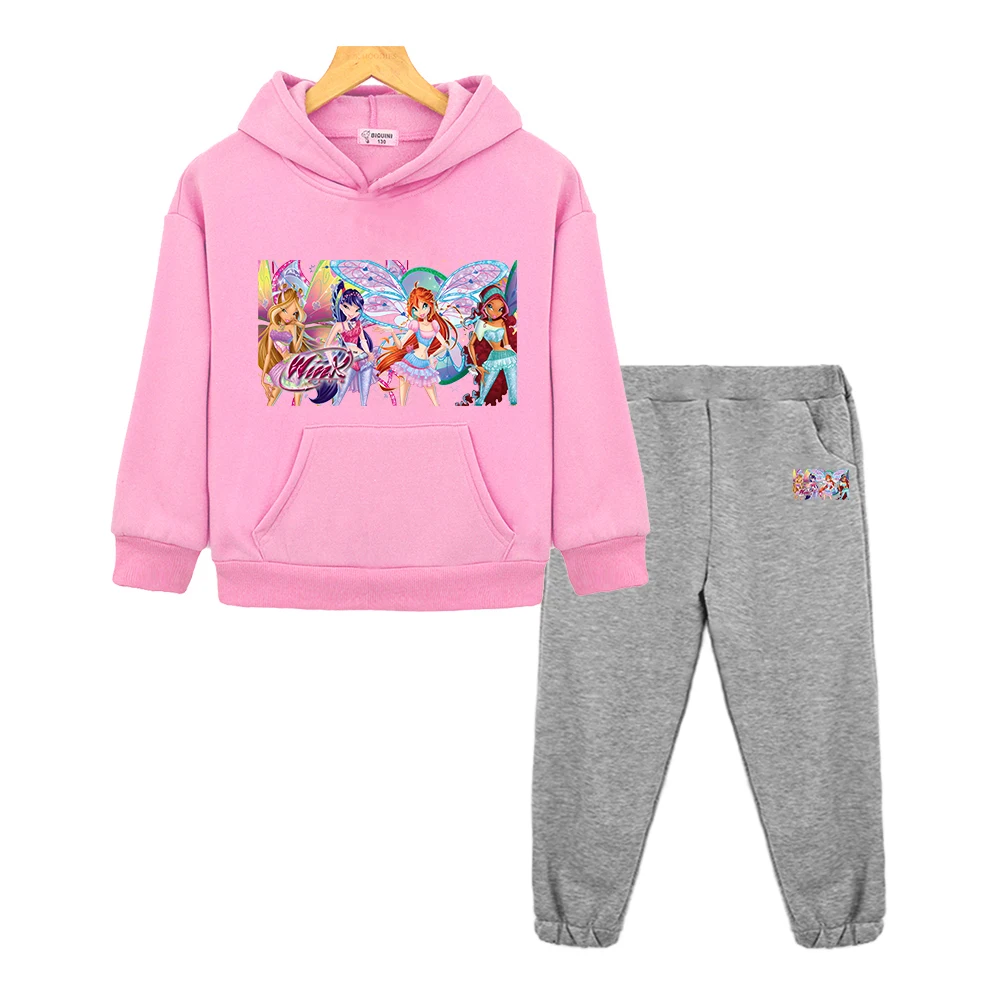 Фото Толстовка с капюшоном в стиле аниме Winx, флисовая толстовка, детская одежда, спортивные комплекты с капюшоном Winx для мальчиков и девочек, пуловер из 2 предметов + штаны, наряд для девочек №4