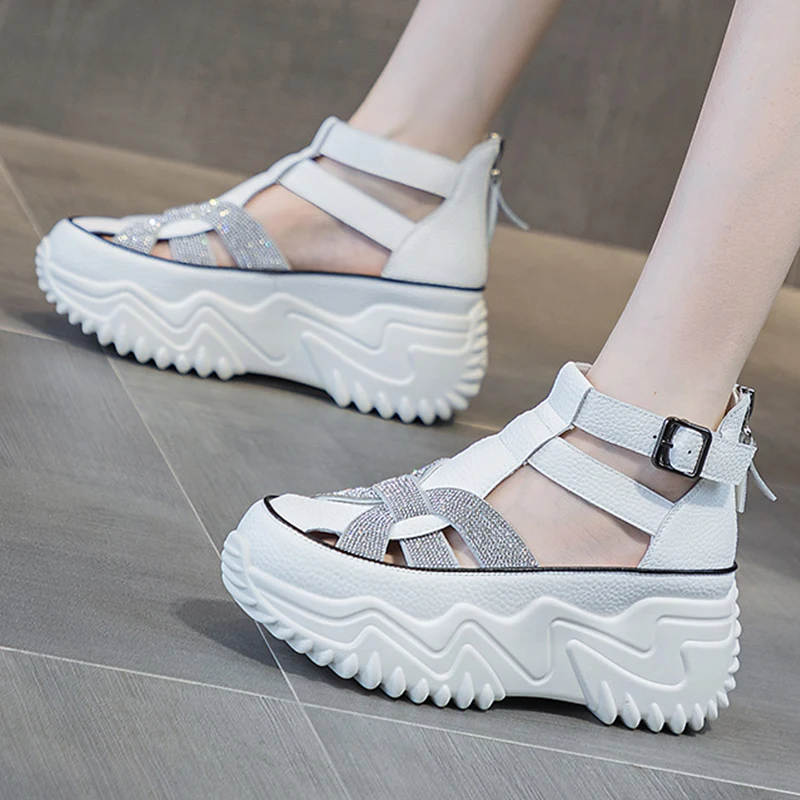 Hollow Chunky Rhinestones Fashion 6.5cm Genuine Leather Women Vulcanize Sandles New Female Summer Comfy Lace Fashion Ladies Shoe
