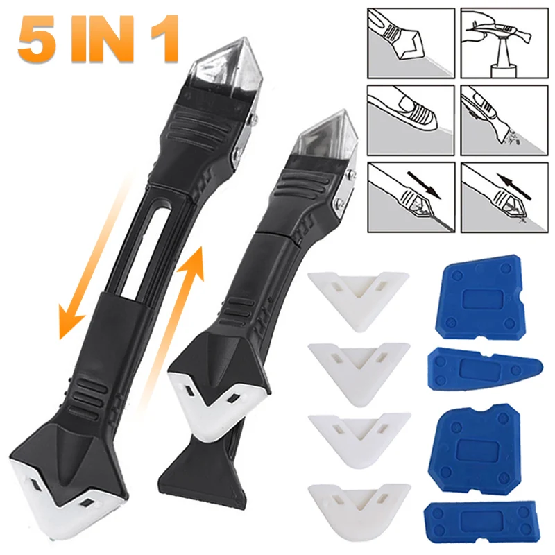 

5In1 Silicone Scraper Caulk Tools Glass Glue Angle Scraper Stainless Steelhead Finisher Sealant Scraper Remove Scraper Grout Kit
