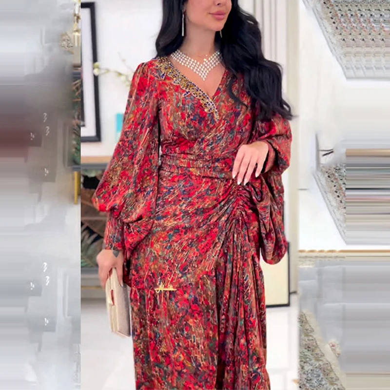 

Женское длинное платье с цветочным принтом, повседневное элегантное платье-макси с V-образным вырезом и рукавами-фонариками, весна-лето