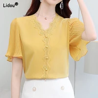 summer new fashion v neck lace button petal sleeve women blouses elegant solid color straight loose thin popularity wild clothes