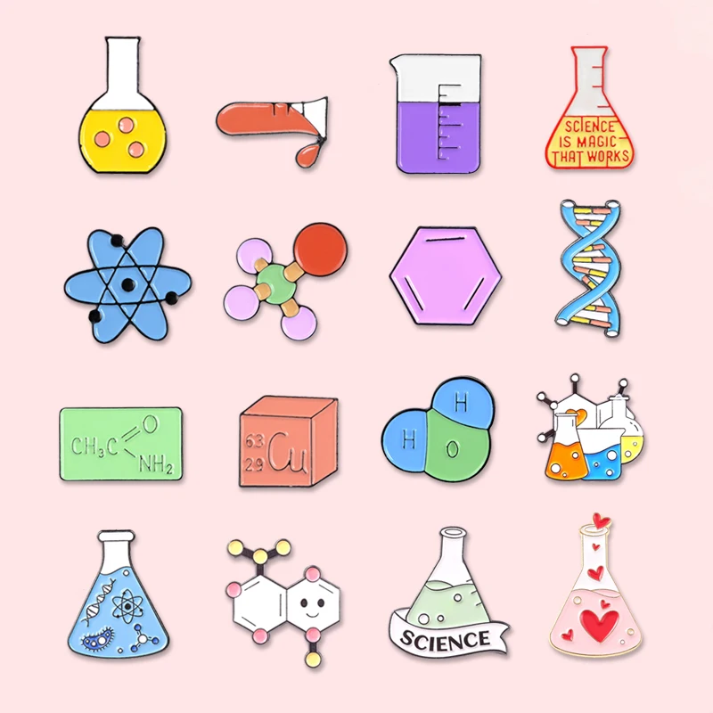 Эмалированная брошь в виде молекул химикатов с изображением протестной трубки