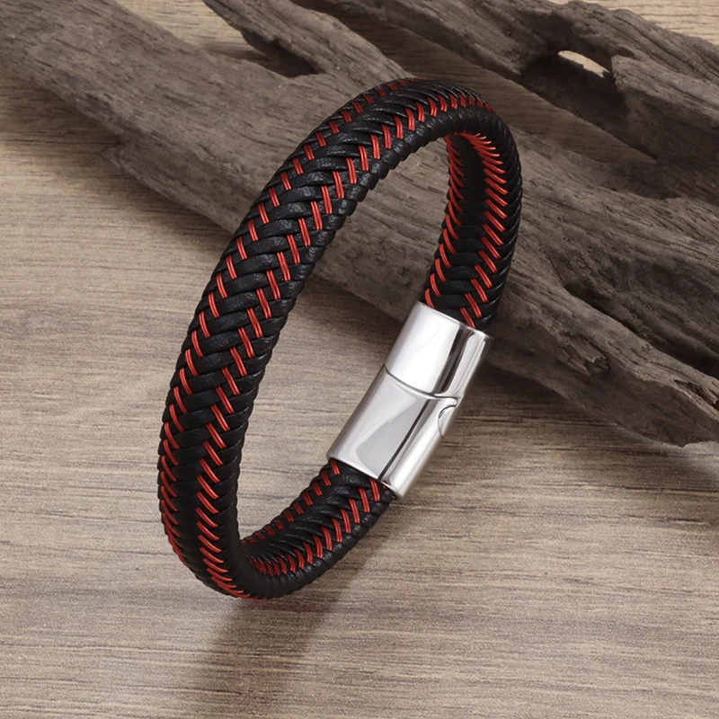 

Men Classic Charm Red Leather Braided Bracelet Metal Magnetic Clasp Bracelet Braided Bracelet