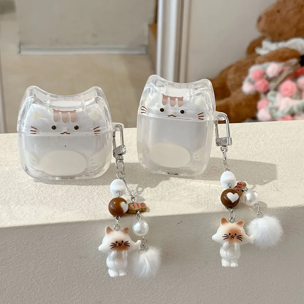 Фото Прозрачный мягкий синий чехол для AirPods Pro 2 3 4 1, Bluetooth-бокс, чехол для AirPods Pro3 с 3D-ушками кошки, брелок с меховым шариком в виде котенка №1