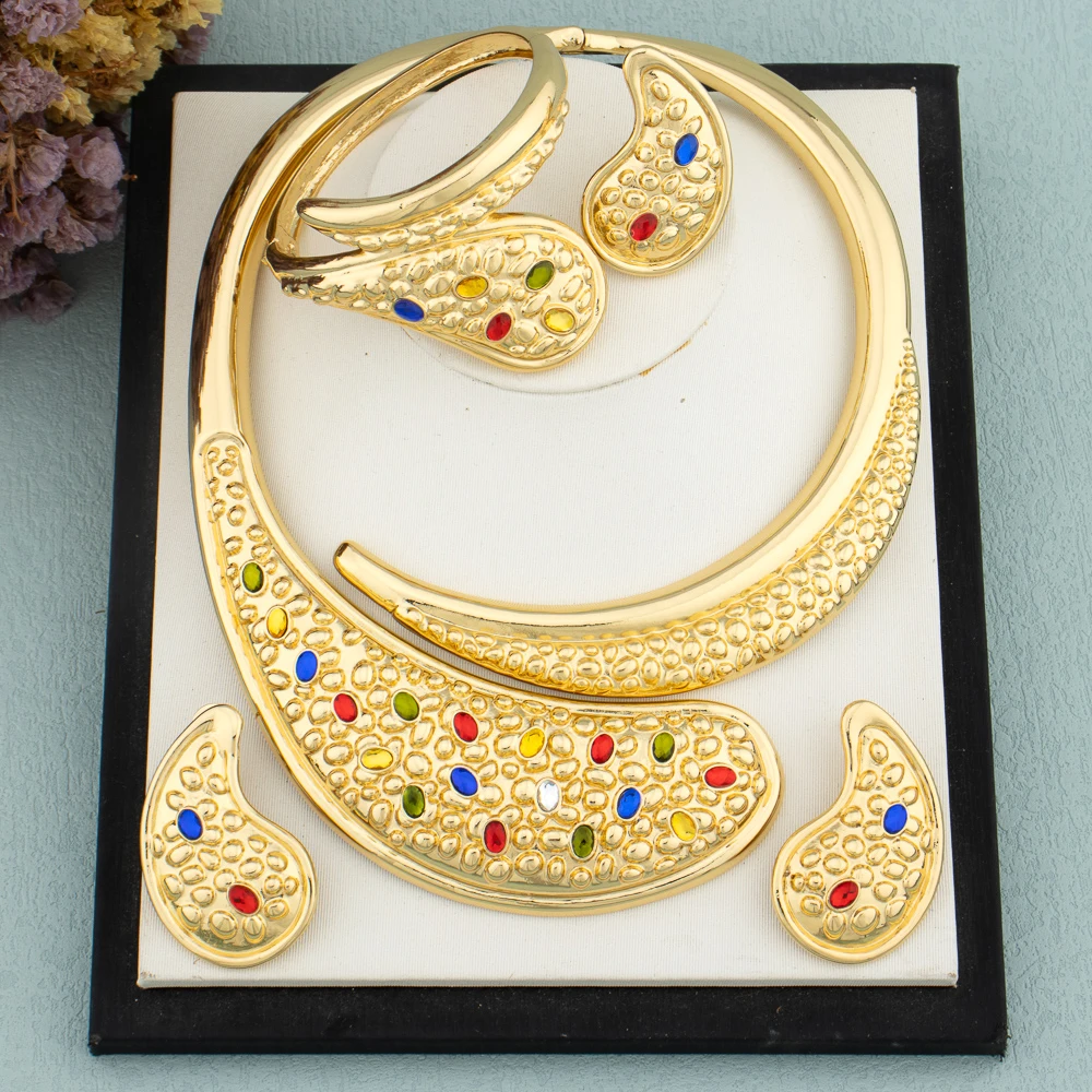 

Итальянский позолоченный комплект ювелирных изделий для женщин, модное большое ожерелье в Дубае, красочные серьги с кристаллами, высокое качество, женские свадебные украшения