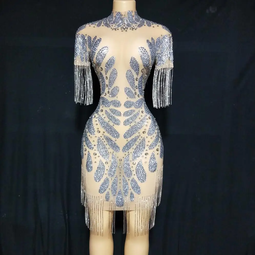 

Sparkly Silver Rhinestone Fringes Sleeves Transparent Dress Women Dancer Evening Show Outfit Birthday Celebrate Stretch Costume