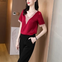 poplin new blouse women fashion summer v neck dropshipping pure color stitching casual short sleeve top