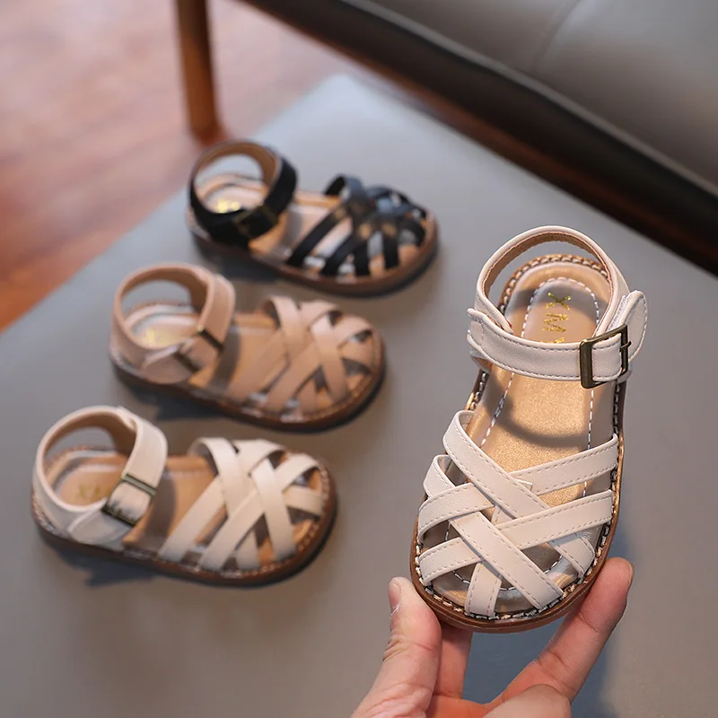 

2022 New Vintange Weave Solid Girl's Sandals Closed Toe for Girl Kids Baby Flat Summer Shoes