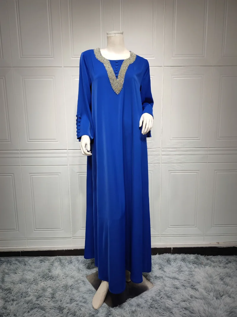 2023 Spring Summer New Arrival Muslim Women Long Sleeve Blue Polyester Long Abaya Muslim Fashion Dresses  Abaya Dress