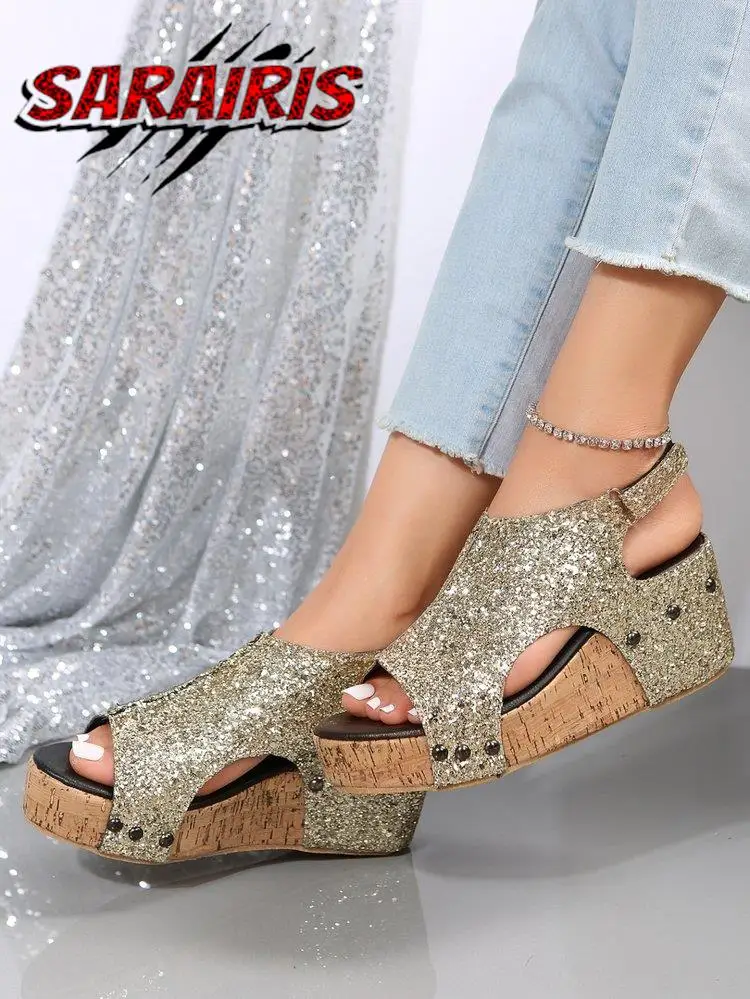 

Metallic Women Gladiator Sandals Gold Peep Toe Slingback Platform Shoes High Heel Wedges Bling Vintage Rome Casual Shoes Woman