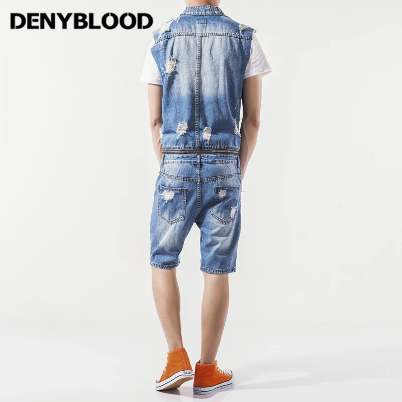 Denyblood Jeans Mens Denim Overalls Distressed Jeans Ripped Hole Destroyed Bib Shorts Jumpsuit for Men Short Jeans K8125