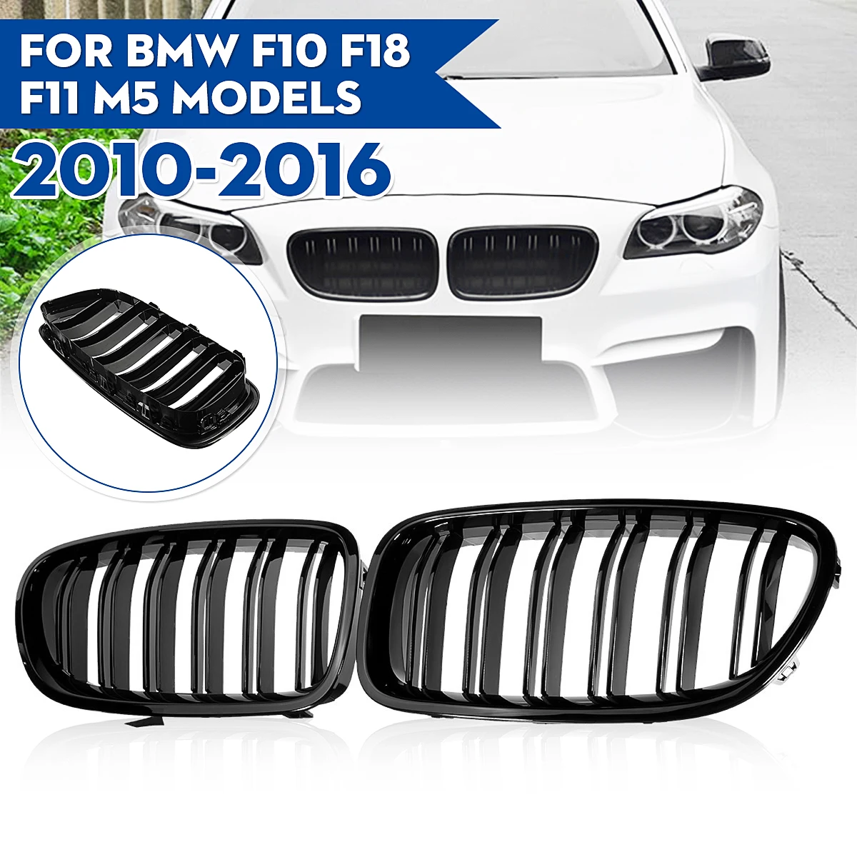 Pair Front Bumper Kidney Double Slat Grill Grille For BMW F10 F11 M5 535i 550i 528i 10-16 Front Hood Kidney Grille Gloss Black