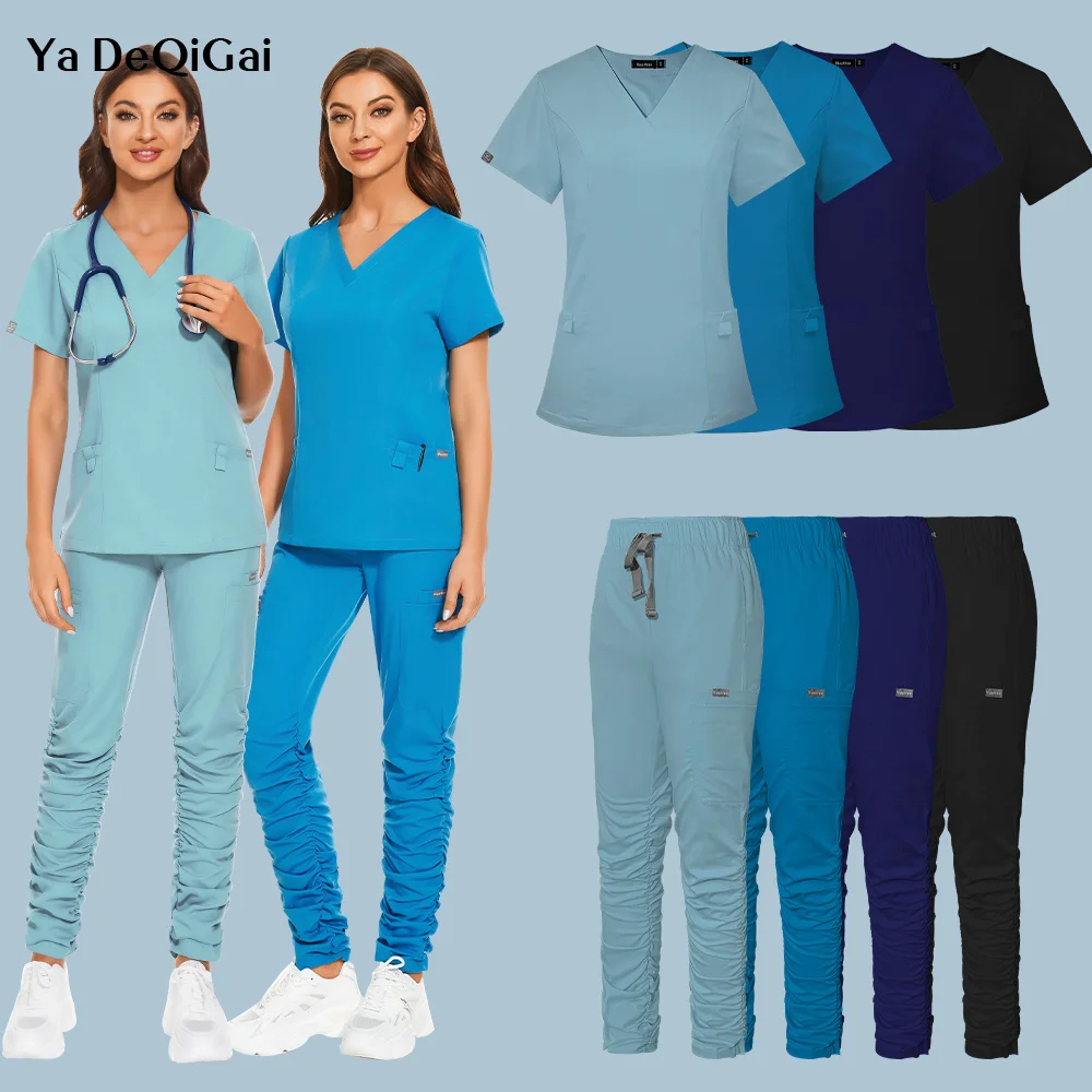 Wholesale Solid Color Surgical Gown Pocket V-neck Scrubs Set for Women Fashion Scrub Suits Hospital Doctor Uniform Scrubs Set