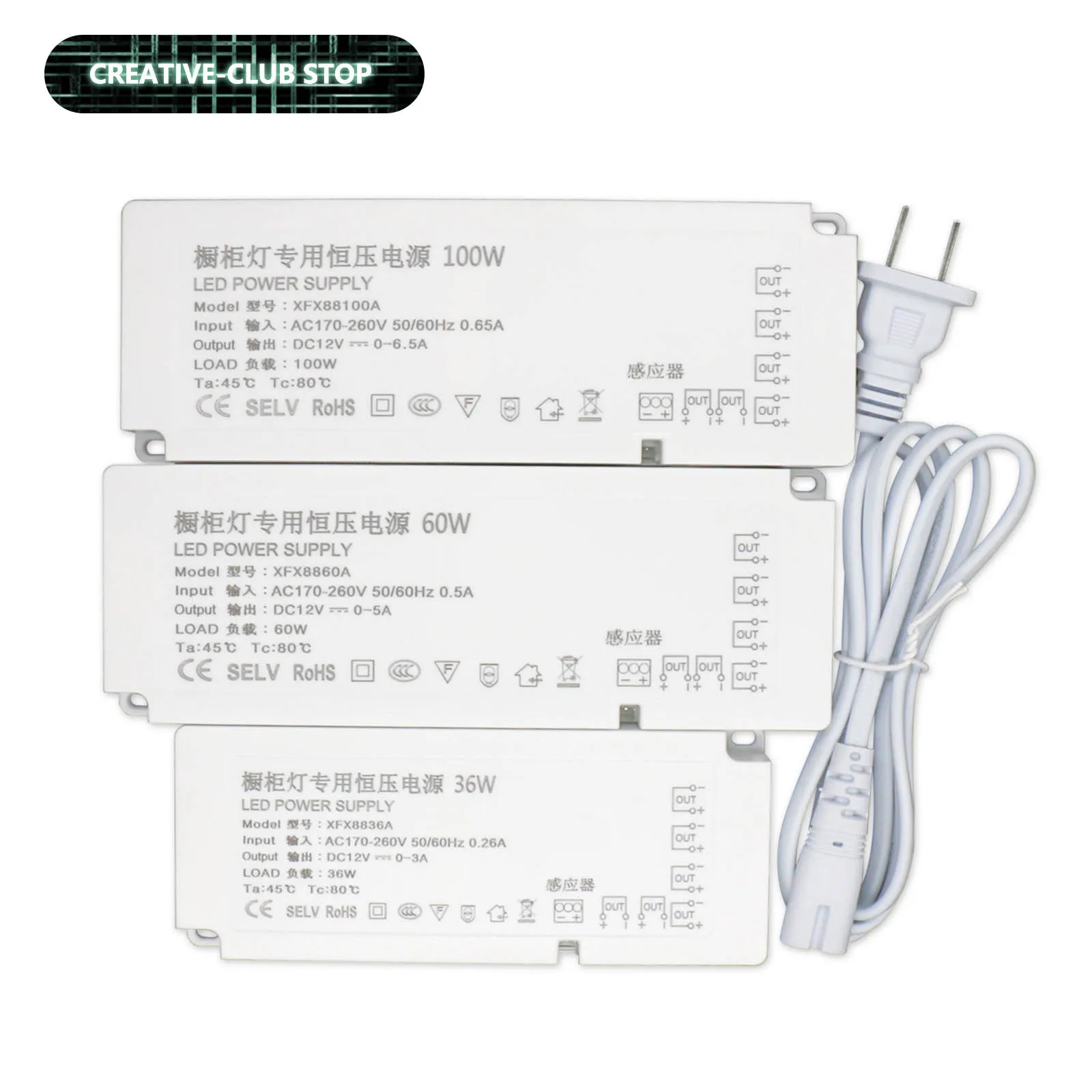 

LED Cupboard Light Driver DC12V Constant Voltage Source Adapter 36W 60W 100W IP20 Switching Power Supply AC170-260V Transformer