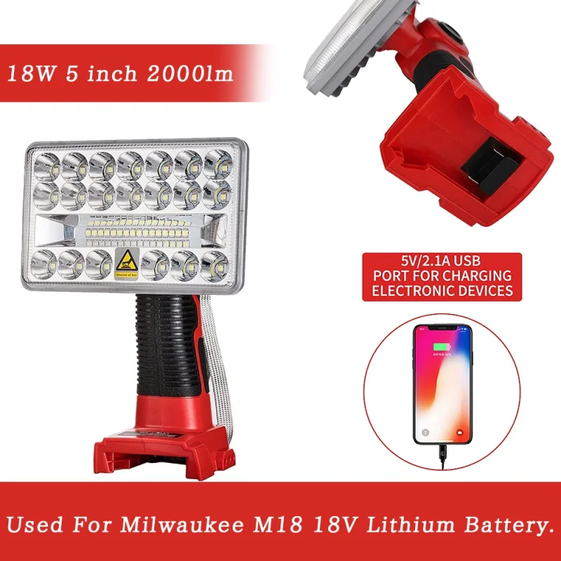 

Портативный фонарь для Milwaukee M18 Tools, литий-ионный аккумулятор 18 Вт, с USB, для помещений и улицы, фонарь высокого качества