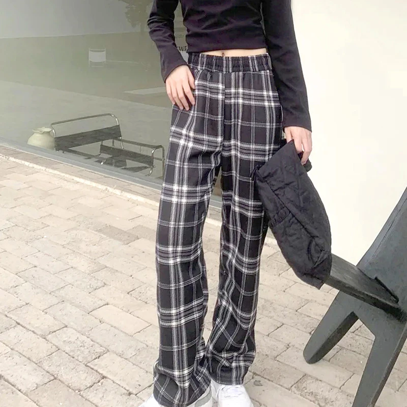 

Женские модные прямые клетчатые брюки, теплые плюшевые повседневные широкие брюки с высокой талией, Корейская уличная одежда, толстые брюки для студентов
