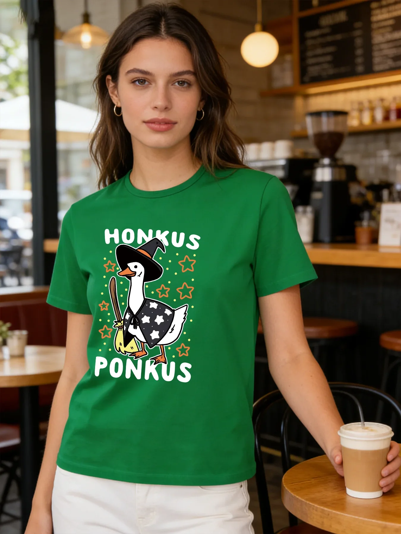 Фото Женская футболка Honkus Ponkus Goose Witch, весенне-летняя повседневная футболка с круглым вырезом и короткими рукавами, с милым забавным рисунком животных №2