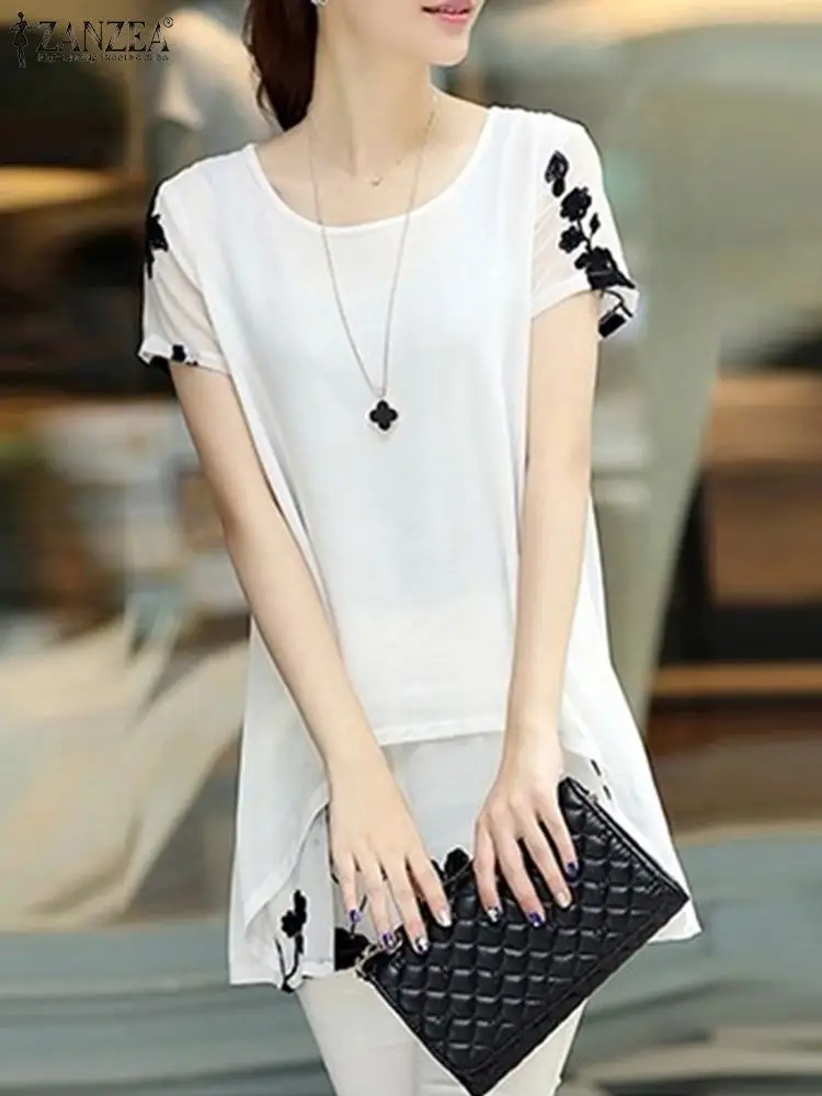 

Винтажная свободная туника с коротким рукавом, топы ZANZEA, женская летняя блузка с цветочной вышивкой, Пляжная Праздничная блуза, Женская Пов...