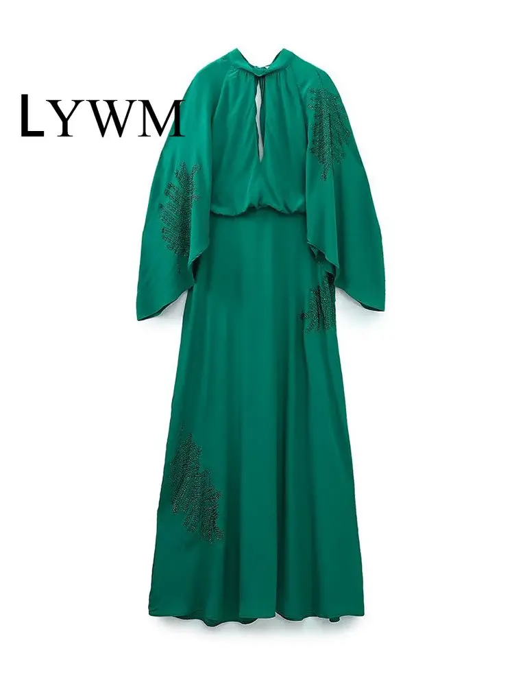 

LYWM Women Fashion Solid Midi Dress Lace-up Vintage V-Neck Long Sleeves Back Zipper Female Chic Lady Dresses
