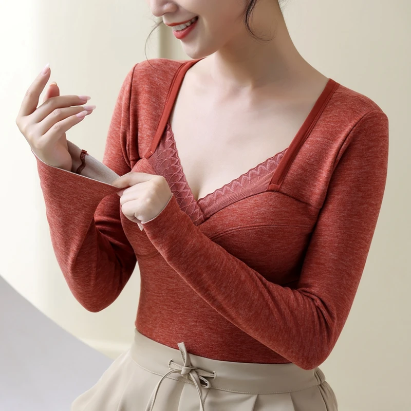 Women's Thermal Underwear With Bra Sexy Lace Winter Thermo Lingerie  Slimming Warm Bottoming Top Warm Corset