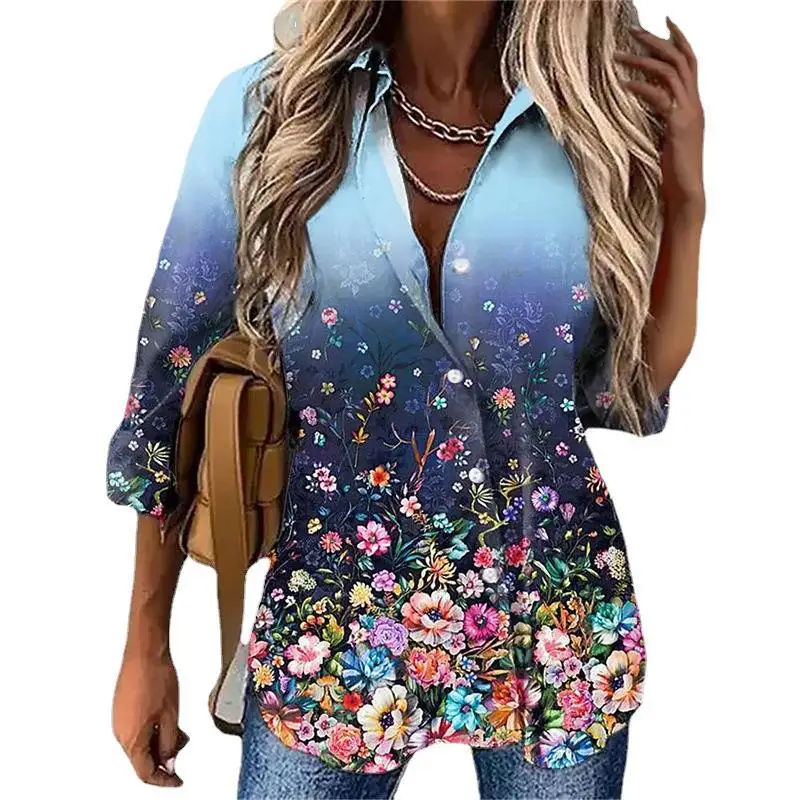 

2023 Fashion Women Clothes Vintage Tops Casual Loose Turn Down Collar Shirt Spring Floral Print Long Sleeve Blouse Blusas 26272