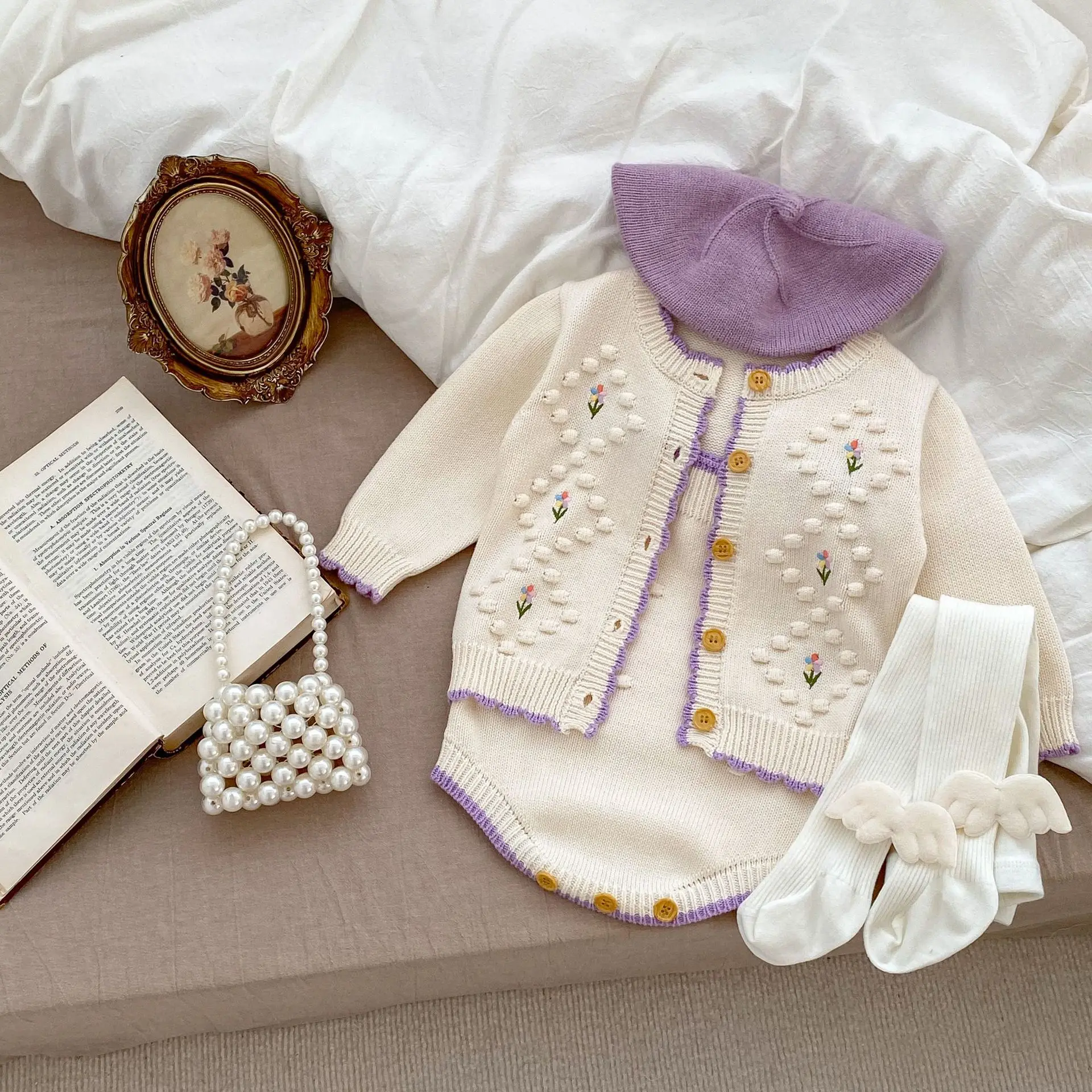 

Одежда для новорожденных девочек, Осенний вязаный кардиган с цветочной вышивкой, пальто, хлопковое боди на бретельках для младенцев, комплекты свитеров для малышей