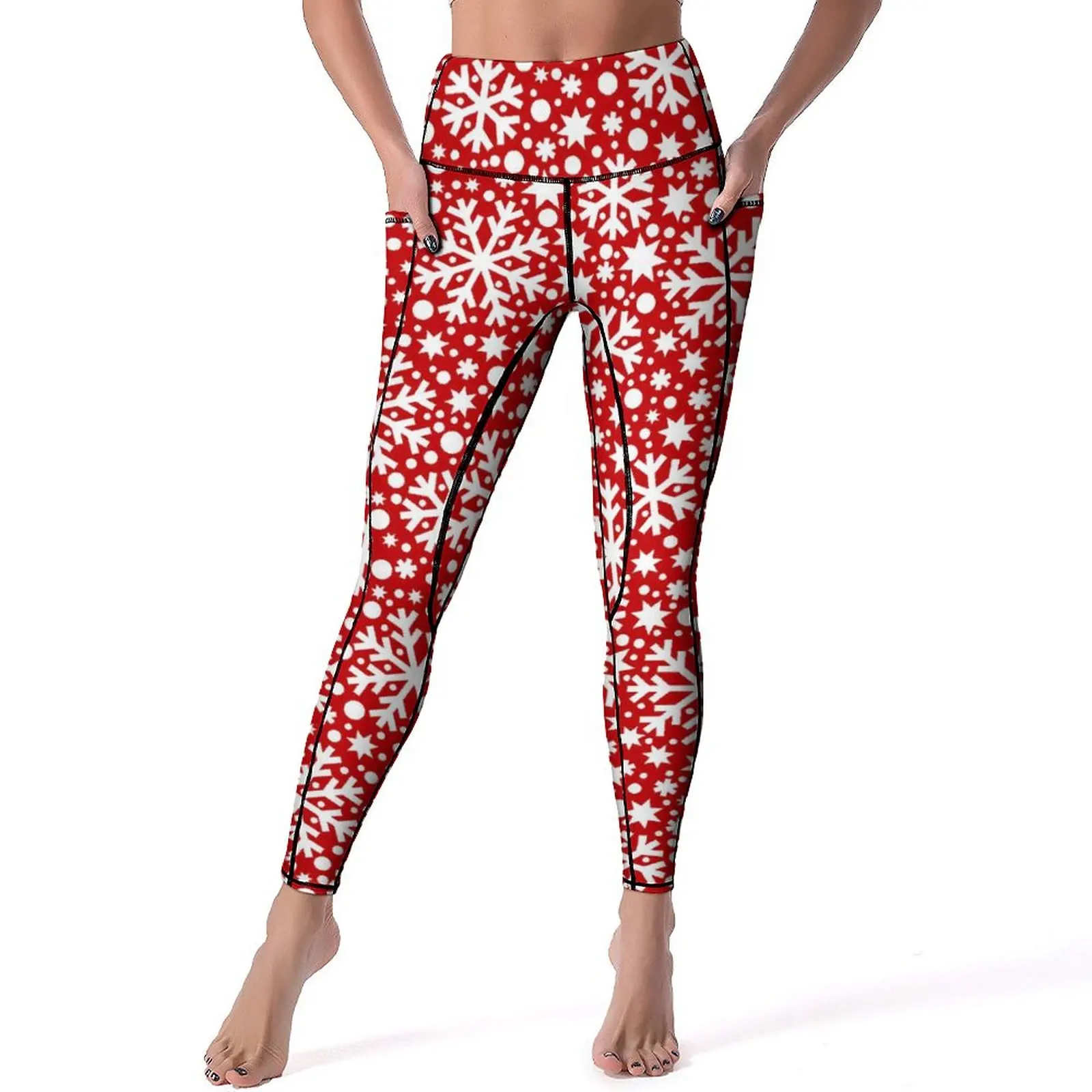 

Christmas Snowflake Yoga Pants With Pockets Red White Leggings Sexy Push Up Vintage Yoga Sports Tights Elastic Work Out Leggins