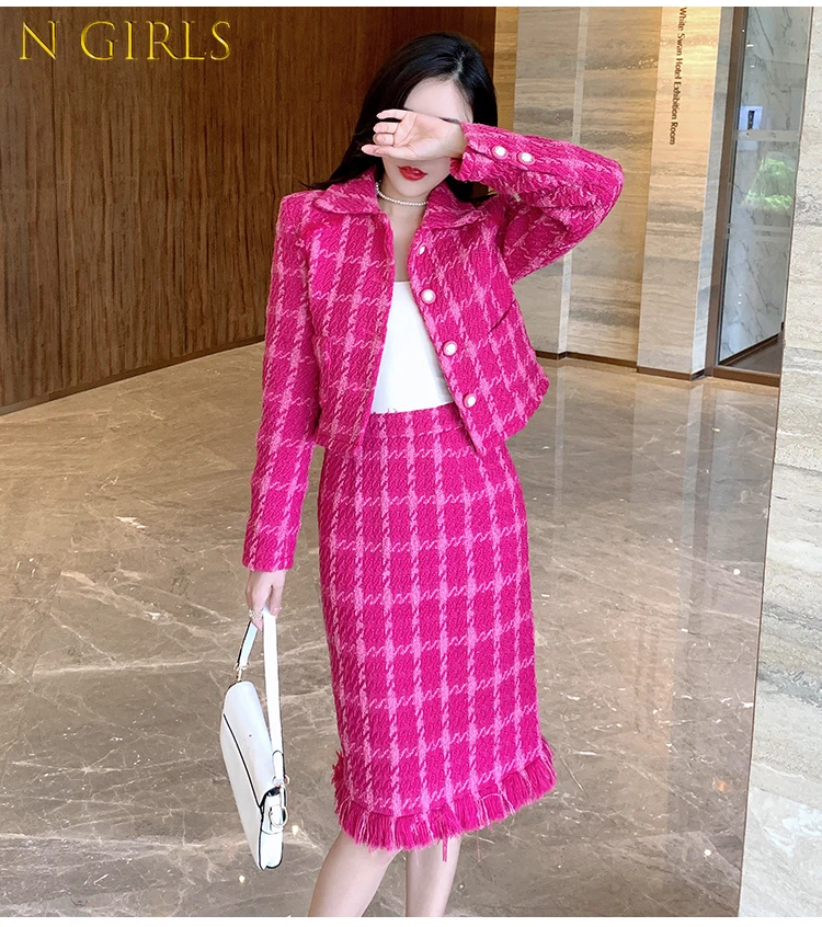 N GIRLS  Autumn Winter Woolen 2 Piece Set Women Plaid Metal Rose Red Short Jacket Coat + Tweed Split Pencil Knee Skirt Suits