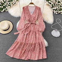 spring autumn v neck long sleeve dress for women holiday casual bohemia dress lady streetwear lace up waist a line vestidos