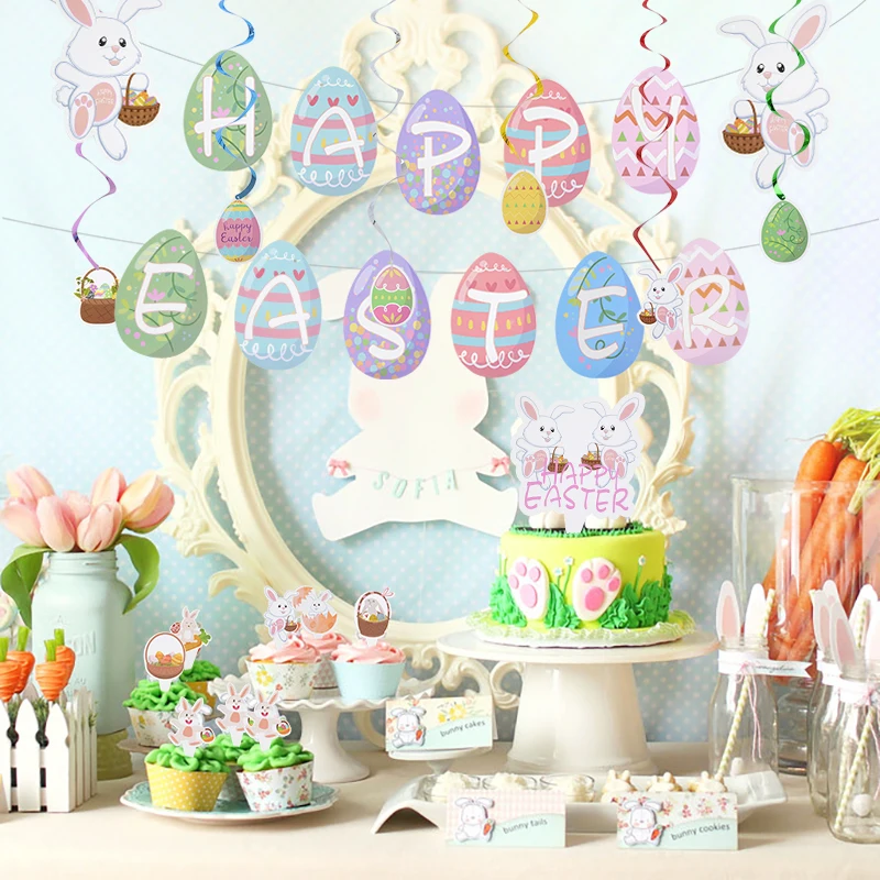 

Happy Easter Decoration Bunny Backdrop Banner Hang Pull Flag Tablecloth Rabbit Eggs Cake Topper Insert Card Party Decor Supplies