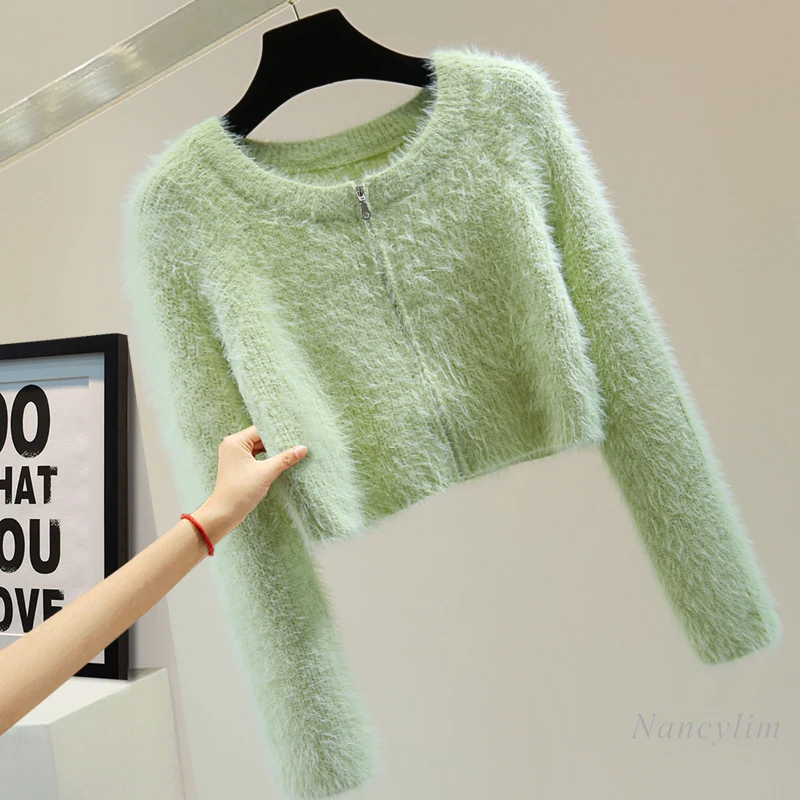 Вязаный кардиган из мохера на молнии женский зеленый свитер осень-зиму 2024 с