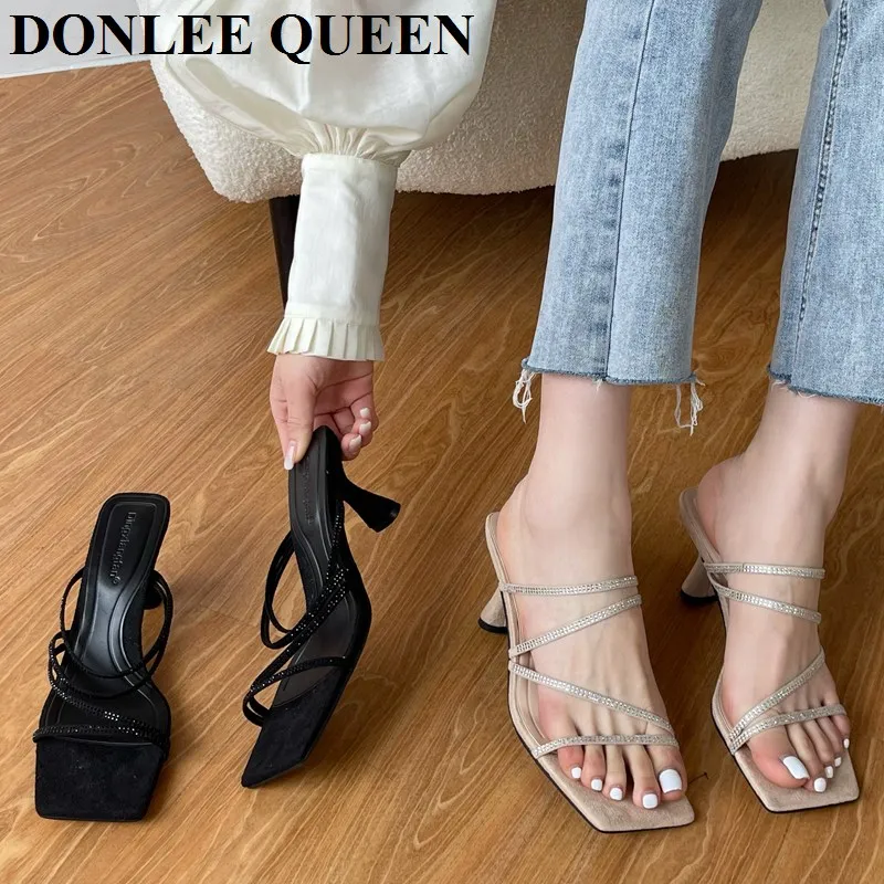 

Rhinestones Slippers Women Slip On Slides High Heels Mule Shoes Crystal Narrow Sandal Brand Slipper Outdoor Flip Flops Sandalias