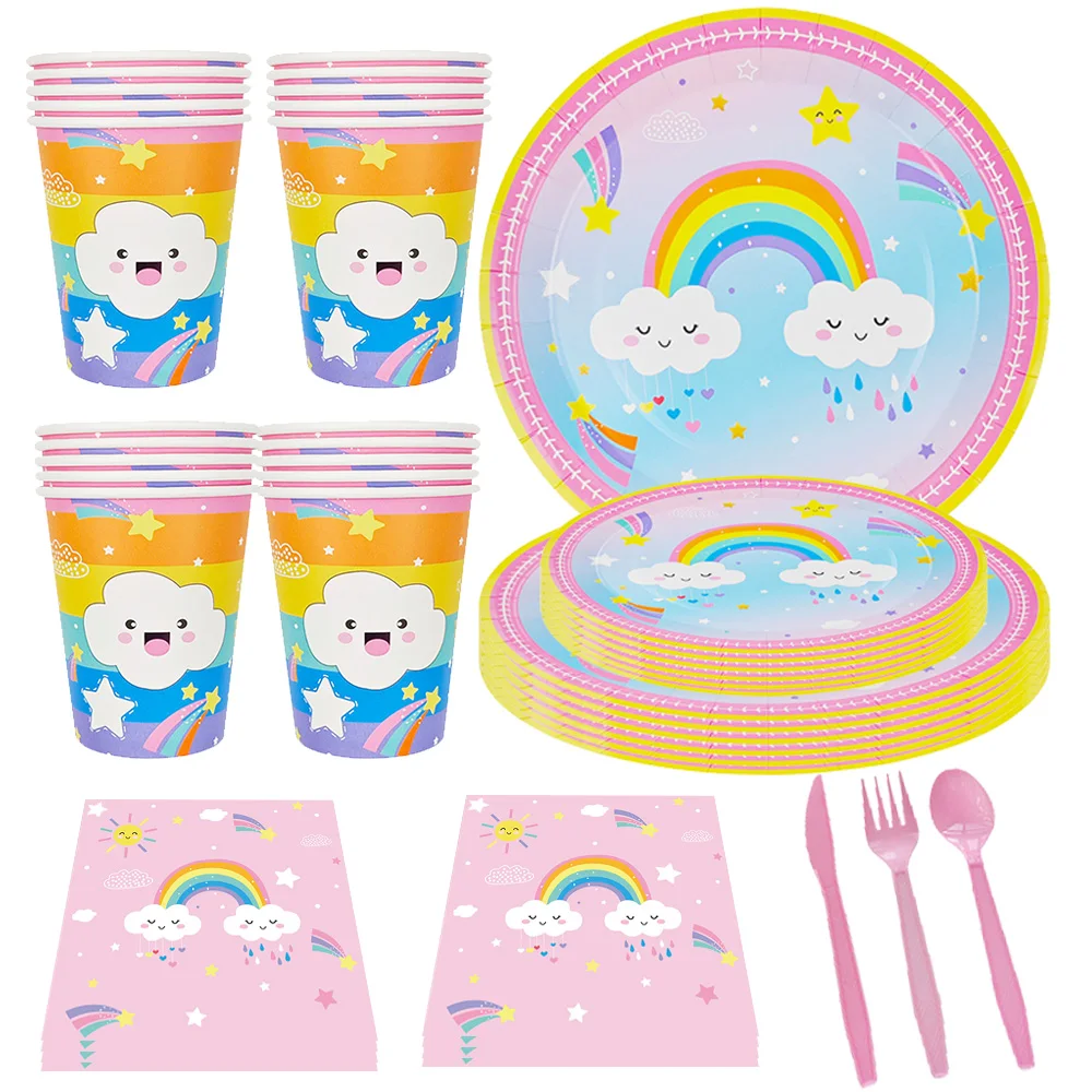 Розовая Радужная вечеринка одноразовая посуда бумажные тарелки чашки салфетки
