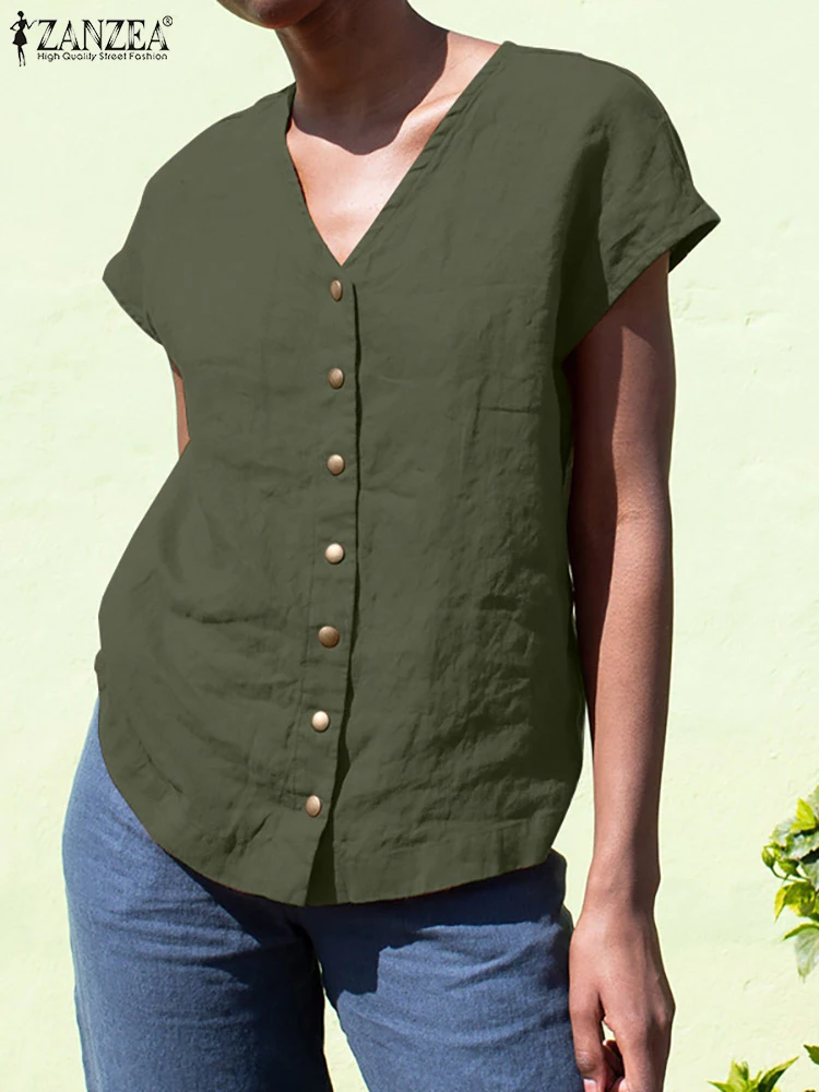 

Зеленая Летняя женская блузка ZANZEA, Элегантная футболка на пуговицах с V-образным вырезом, повседневные рабочие офисные рубашки, Модная хлопковая Удобная блузка большого размера