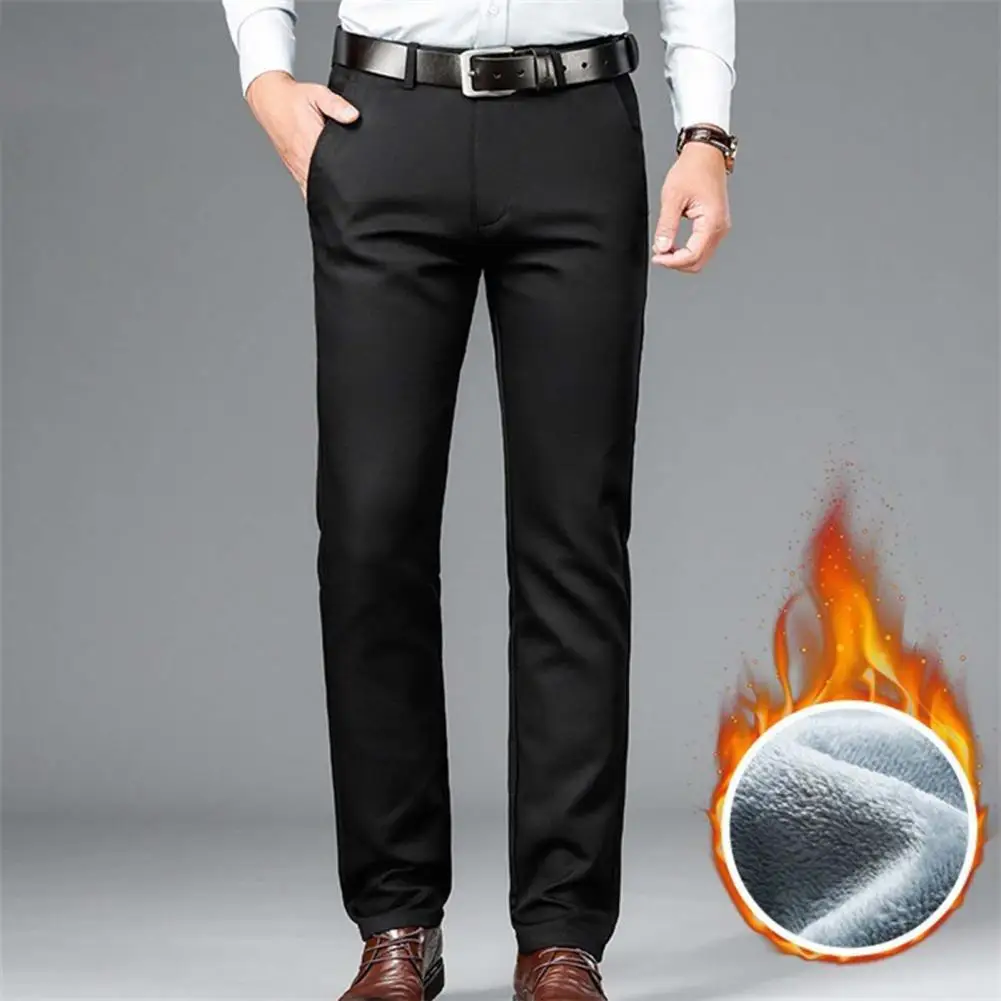 

Hot ！2022 Middle-aged Men Pants Solid Color Windproof Plush Lining Autumn Winter Full Length Loose Warm Trousers for Daily Wear
