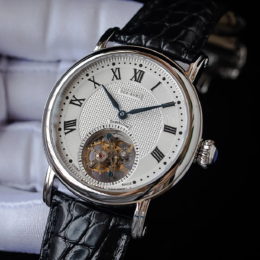 

Sugess Tourbillon Seagull ST8000 Movement Wristwatches Mechanical Mens Watch Calendar Business Watches Luxury Crocodile Leather