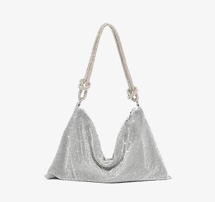 

New Handle Rhinestones Evening Clutch Bag Silver Shiny Crystal Dinner Party Wedding Purses and Handbag Luxury Designer Shoulder