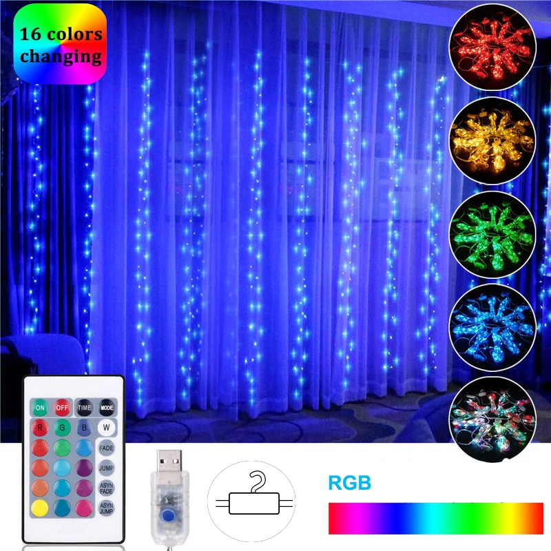 

3*3 м 300 RGB светодиодная гирлянсветильник-занавес с USB-портом, дистанционное управление, рождественские украшения, 16 цветов, гирлянда светильн...
