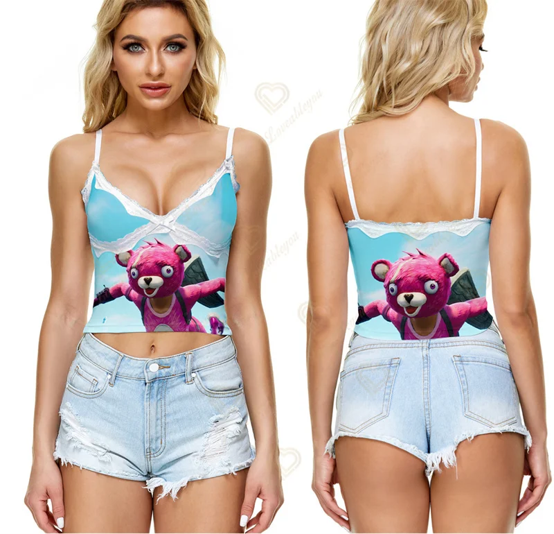 

Fortnite Sleeveless Sexy Lace V-neck Sling Girls Vest Women Top for Woman Ladies Clothing Tees Tanks Camis Female Tops
